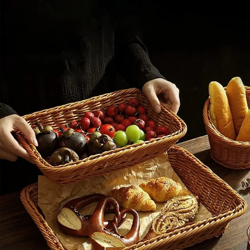 Imitation Rattan Basket Woven Wicker Baskets Outdoor Picnic Bread Snacks Tray Handwoven Sundries Storage Box for Home Hotel