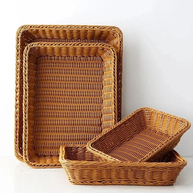 Imitation Rattan Basket Woven Wicker Baskets Outdoor Picnic Bread Snacks Tray Handwoven Sundries Storage Box for Home Hotel