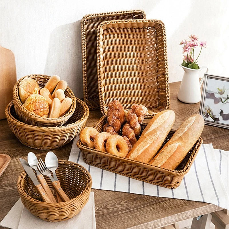 Imitation Rattan Basket Woven Wicker Baskets Outdoor Picnic Bread Snacks Tray Handwoven Sundries Storage Box for Home Hotel