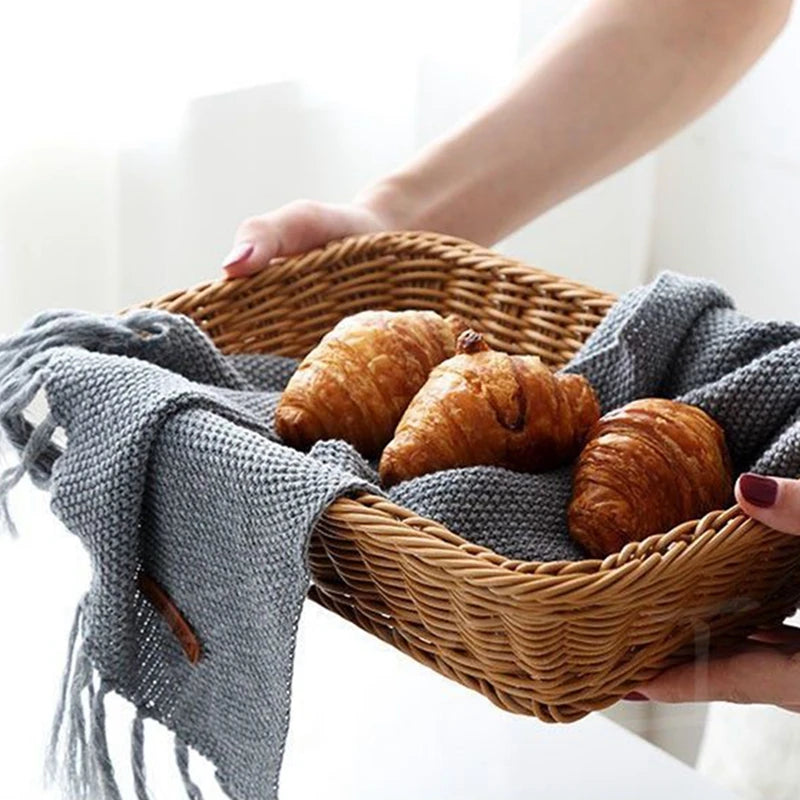 Imitation Rattan Basket Woven Wicker Baskets Outdoor Picnic Bread Snacks Tray Handwoven Sundries Storage Box for Home Hotel