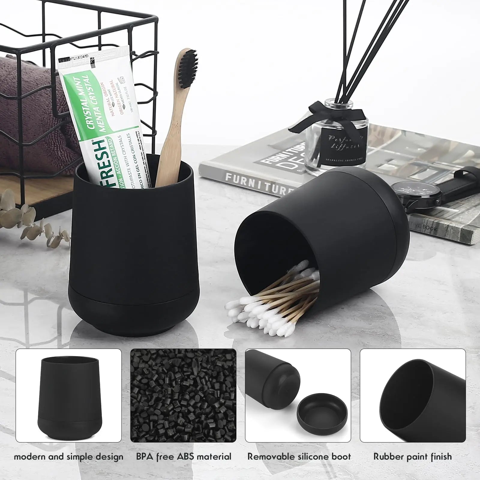 Matte Black toothbrush holders for bathrooms with silicon boot, Modern tooth brushing and toothpaste holder cup for bathroom Org