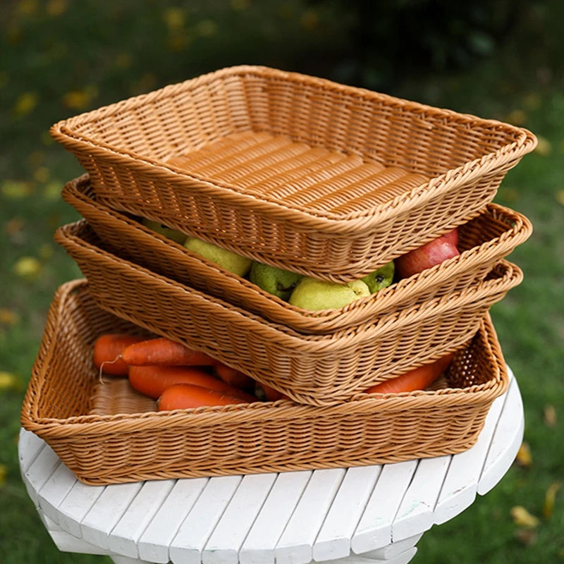 Imitation Rattan Basket Woven Wicker Baskets Outdoor Picnic Bread Snacks Tray Handwoven Sundries Storage Box for Home Hotel