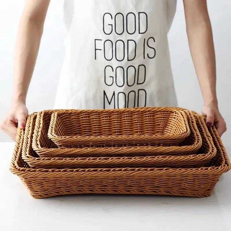 Imitation Rattan Basket Woven Wicker Baskets Outdoor Picnic Bread Snacks Tray Handwoven Sundries Storage Box for Home Hotel