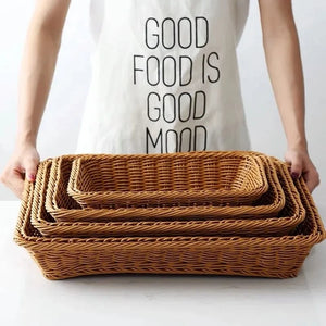 Imitation Rattan Basket Woven Wicker Baskets Outdoor Picnic Bread Snacks Tray Handwoven Sundries Storage Box for Home Hotel